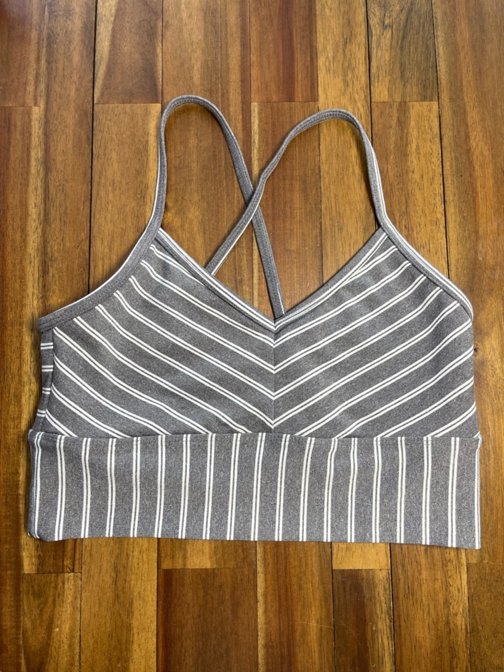 Glyder gray and white striped sports bra